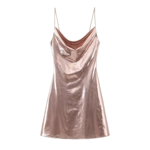 Women Metallic Cowl Neck Spaghetti Strap Cami Dress Elegant Mini A-Line Party Dress Sexy Satin Clubwear Night Out Dress