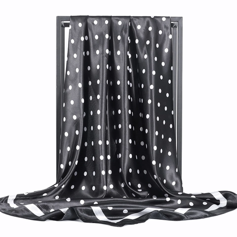 Women Polka Dot Print Satin Silk Feeling Square Scarf Large Bandana Head Wrap Shawl Elegant Vintage Hair Scarf Fashion Hijab Accessory