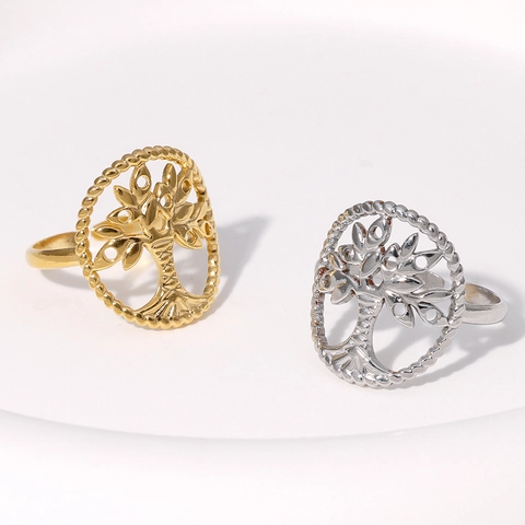 Bague Ajustable Arbre De Vie Acier Inoxydable Ajouré Rond Vintage Bijoux Bohèmes Pour Femmes
