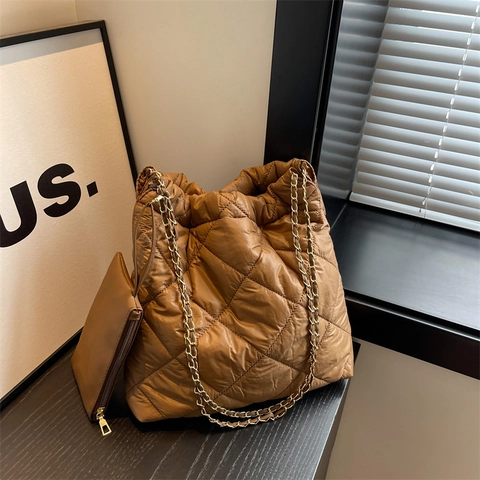 Quilted Puffer Shoulder Bag And Matching Pouch Large Capacity Nylon Rhombic Pattern Chain Strap Fashion Tote For Women