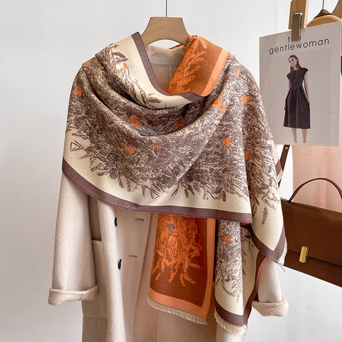 Damen Winter Schal Französisch Retro Gänseblümchen Blumenmuster Kaschmirimitat Schal Warm Jacquard Quasten Fransenelegant