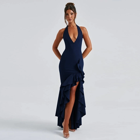 Women Halter Deep V Neck Ruffled Fishtail Maxi Dress Slim Fit Polyester Spandex Evening Party Asymmetric High Slit