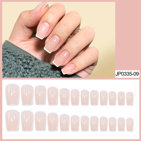 French Manicure Press On Nails Nude Pink White Tips Short Square Glossy False Nails Full Cover Artificial Fingernails Women