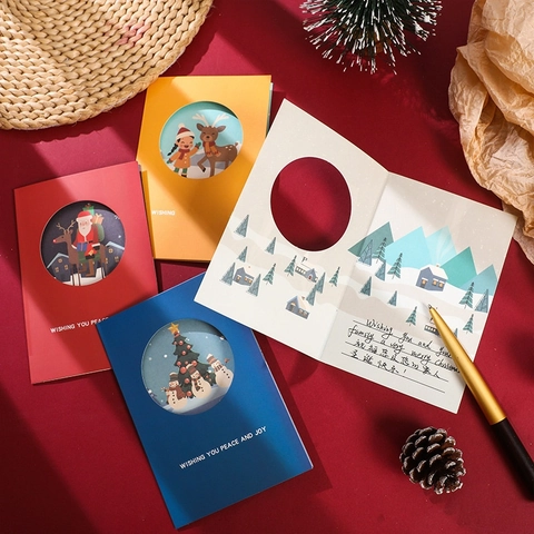Christmas Greeting Card Hollow Out Cartoon Illustration Snowman Santa Reindeer With Envelope Festive Holiday Blessing Card