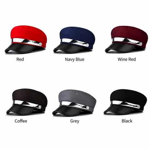 British Style Navy Hat For Women Cotton Blend Newsboy Cap With PU Leather Brim Silver Metal Strip M Letter Fiddler Cap