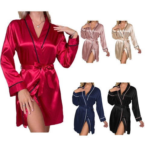 Peignoir Satin Femme Imitation Satin Manches Longues Vêtements De Nuit Avec Liseré Contrasté Et Ceinture Lounge Wear
