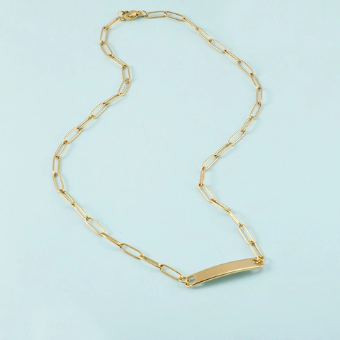 Minimalist 304 Stainless Steel Paperclip Chain Necklace With Polished Curved Rectangle Bar Pendant 18K Gold Plated