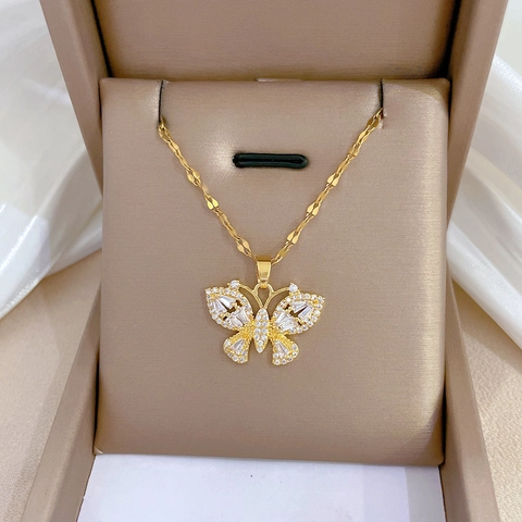 Collar Mariposa Chapado En Oro Acero Inoxidable Cobre Zirconia Cadena Clavícula Joyería Minimalista Elegante Para Mujeres