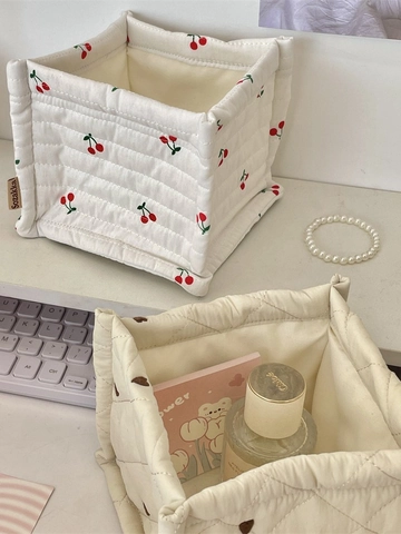 Cesta de Almacenamiento de Tela Acolchada Estilo Coreano Organizador de Escritorio Con Bordado de Cereza Corazón Lazo para Cosméticos