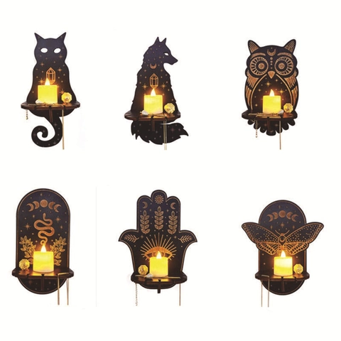 Bohemian Schweberegal Wandmontage Mystische Mondphase Schwarz Gold Kerzenhalter Schmuckdisplay Heimdeko