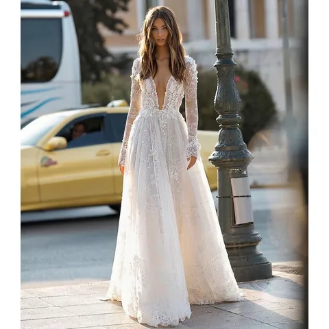 Women's Sexy Deep V-Neck Long Sleeve Lace Wedding Dress Hollow Floral Embroidery Backless Maxi Party Banquet Dress