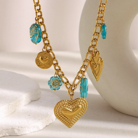 Vintage Herz Anhänger Halskette Edelstahl 18K Vergoldet Blaue Glasperlen Retro Boho Multi Charm Modeschmuck Für Damen
