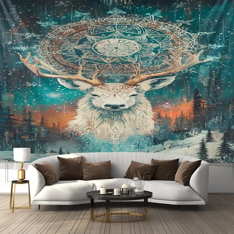 Mandala Ciervo Loto Tapiz De Pared Psicodélico Bosque Abstracto Bohemio Poliéster Arte Decoración Para Dormitorio Sala De Estar