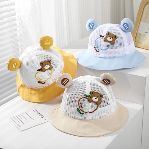 Cappello Pescatore Neonato Rete Cotone Traspirante Protezione Solare Estate Esterno Ricamo Orso Mela Per Bambini