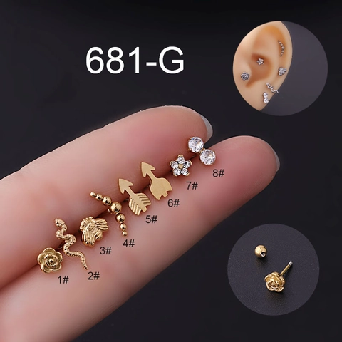 Stainless Steel Flower Snake Bee Arrow Ear Cartilage Studs Zircon Inlaid Screw Back Piercing Jewelry For Women