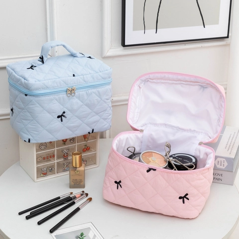 Large Capacity Quilted Cotton Cosmetic Bag Embroidered Bow Makeup Pouch Portable Travel Toiletry Storage Organizer For Women