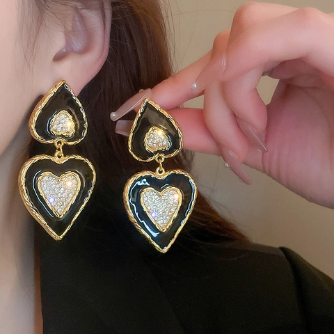 Orecchini Pendenti Vintage Cuore Triangolo Con Perno In Argento Lega Strass Smalto Gioielli Da Donna