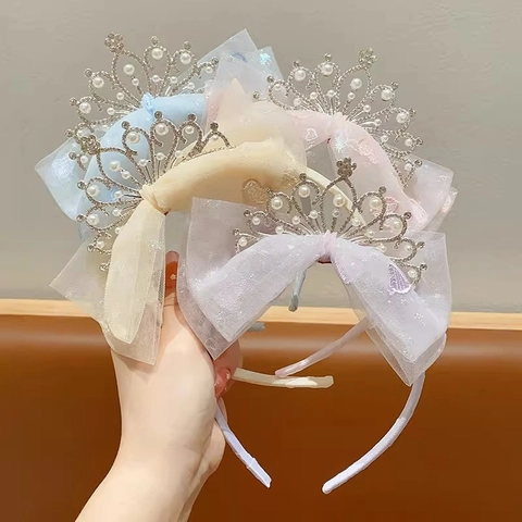 Cerchietto Con Corona Da Principessa Per Ragazze Lega Strass Perla Artificial Mesh Pizzo Fiocco Dolce Festa Di Compleanno
