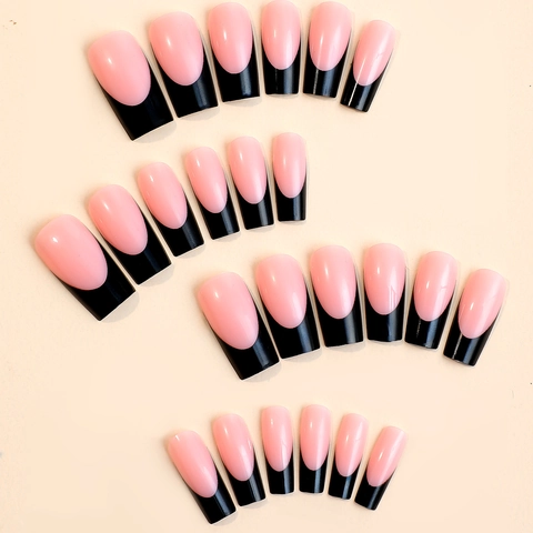 Unghie A Pressione French Rosa E Nero Lucido Glitter Fini Forma Quadrata Lunga Unghie Finte Kit Per Manicure