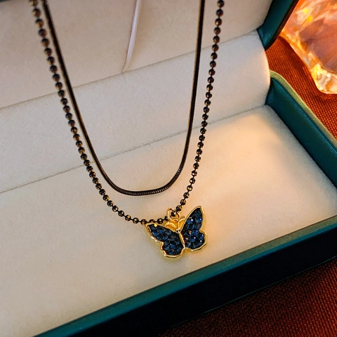 Collana Choker Farfalla Doppio Strato Lega Strass Blu Stile Gotico Scuro Gioielli Donna Catena Da Clavicola