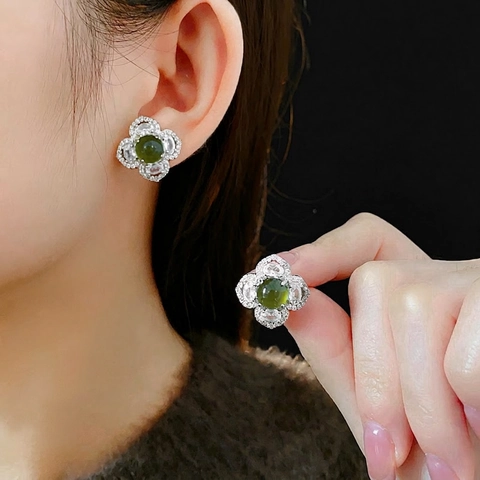 Flower Stud Earrings Copper Zircon Green Gemstone Silver Earring Post Retro Luxury Chic Style Jewelry Women