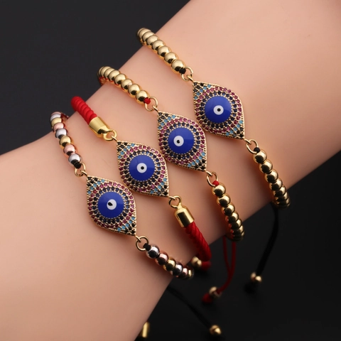 Evil Eye Armband Kupfer Vergoldet Bunte Zirkonia Verstellbar Geflochtenes Seil Schutzschmuck Für Damen