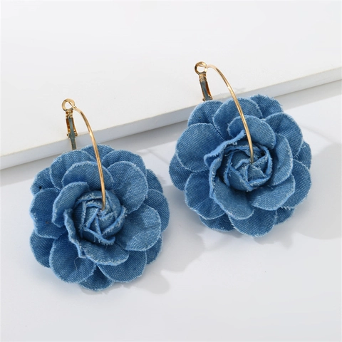 Orecchini Pendenti Floreali Camelia Rosa Tessuto Denim Blu Perla Artificial Sintetica Gioielli Di Moda Per Donna