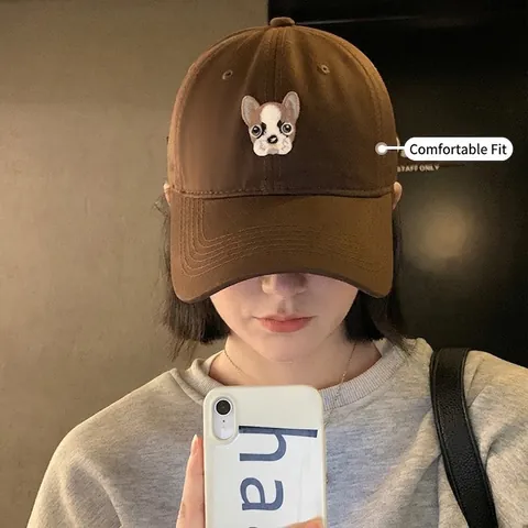 Vintage Cotton Baseball Cap Women Dog Head Embroidery Wide Brim Adjustable Dad Hat Casual Sun Protection Accessory