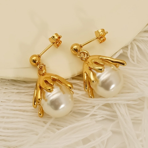 Pendientes De Perlas Artificiales De Agua Dulce Barrocas Oro 18k Acero Inoxidable Metal Líquido Estilo Lava Joyería Retro Mujer