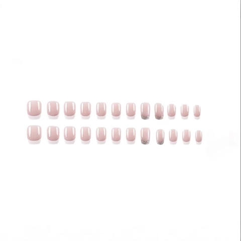 French Press On Nails Nude Pink White Tips Silver Glitter Square Round Short False Nails For Women Manicure Art