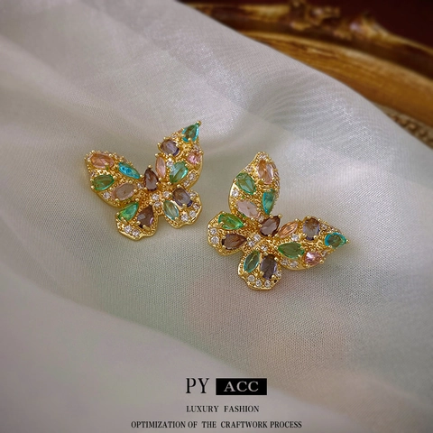Pendientes De Botón De Mariposa Vintage Zircón De Colores Incrustaciones Cobre Con Silver Earring Post Joyería Elegante Mujer