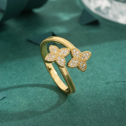 Butterfly Flower Cubic Zirconia Copper Open Ring Adjustable Micro Pave Milgrain Edge Fashion Elegant Jewelry For Women