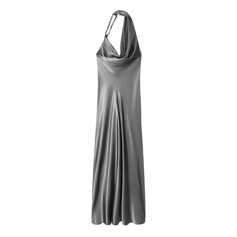 Elegantes Satin Maxikleid Mit Wasserfallausschnitt Halter Asymmetrische Perlenkette Silbergrau Abendparty