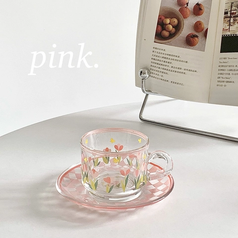 Korean Ins Style Glass Coffee Cup And Saucer Heat Resistant Floral Print Tulip Lily Of The Valley Elegant Glassware