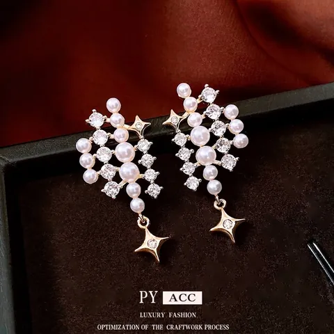 Luxury Faux Artificial Pearl Zircon Cluster Drop Earrings With Star Pendant Vintage Elegant Jewelry For Women Silver Earring Post
