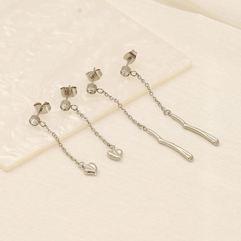 Tassel Ohrringe Lange Kette Edelstahl 18K Vergoldet Herz Welle Stab Anhänger Strass Tropfen Baumeln Für Frauen