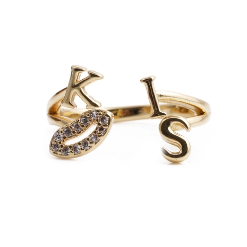 KISS Buchstaben Und Lippen Symbol Offener Ring Kupfer Zirkon Mikropflaster Verstellbarer Modischer Schmuck Für Frauen