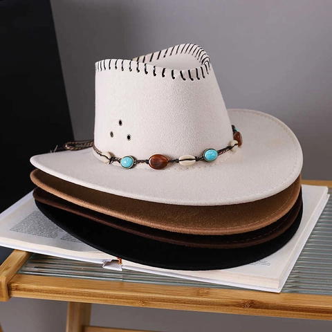 Sombrero De Vaquero Occidental Gamuza Sintética Ala Ancha Con Banda Étnica Perlas Turquesa Concha Cuerda Cortavientos Ajustable