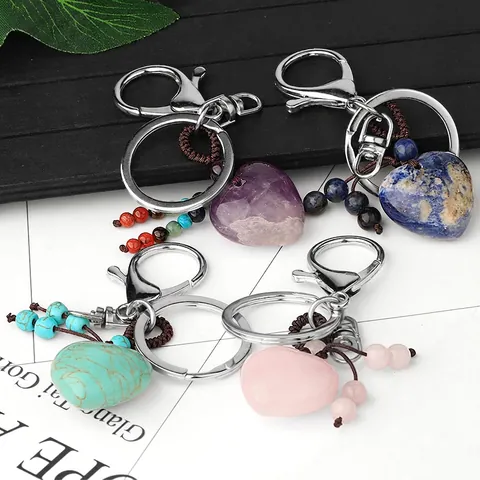 Heart Shape Natural Stone Crystal Keychain Handmade Woven Cord Multicolor Beads Bag Pendant Charm
