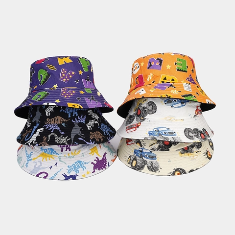Bucket Hat Cotton Canvas Sun Protection Outdoor Cartoon Dinosaur Monster Truck Halloween Print For Kids Children