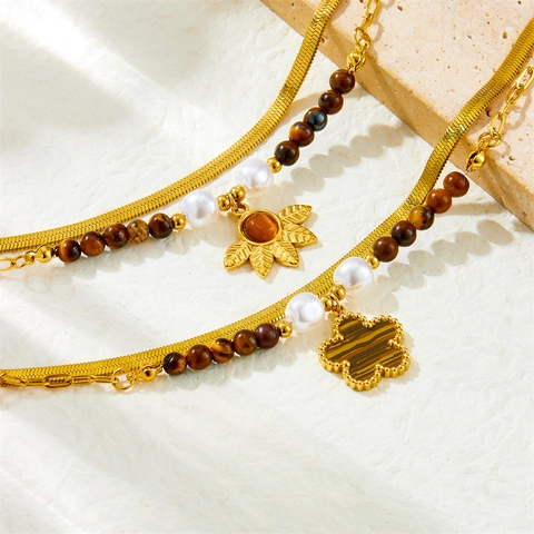 Bracciale Doppio Strato Acciaio Occhio Tigre Perla Artificial Catena Perline Serpente Ciondolo Fiore Foglia Vintage Bohemien Donne