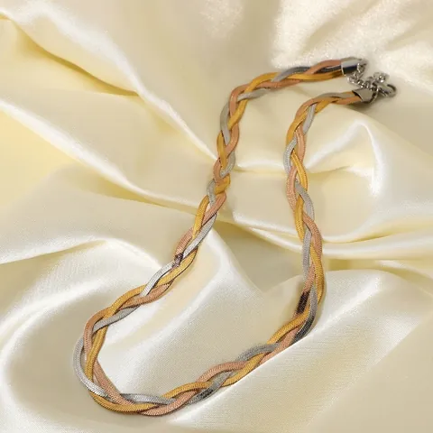 Triple Strand Braided Herringbone Flat Snake Chain Necklace For Women 18K Gold Plated Titanium Stainless Steel Tricolor