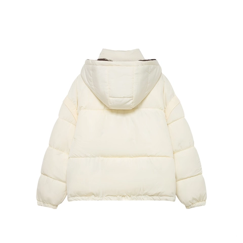 Doudoune Courte Femme À Capuche Doublure Contrastée Manteau Rembourré Décontracté Vêtements Extérieur Chauds Polyester Crème
