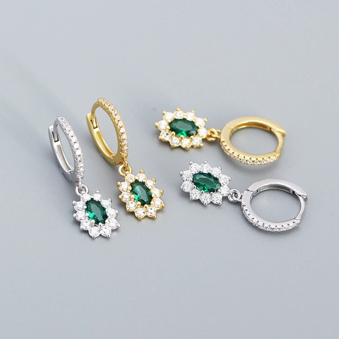 Huggie Hoop Earrings With 925 Sterling Silver Earring Post Emerald Green Oval Zircon White Cubic Zirconia Halo Elegant Jewelry