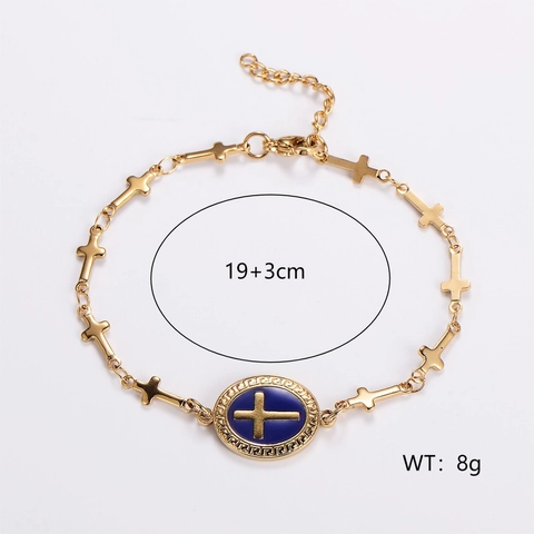 Pulsera De Cruz Acero Inoxidable 316L Baño De Oro 18K Esmalte Azul Joyería Religiosa Cadena Ajustable