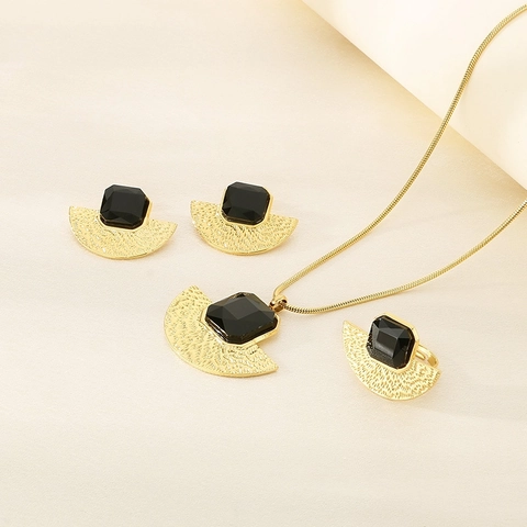 Vintage Stainless Steel Jewelry Gold Plated Hammered Fan Square Glass Crystal Necklace Earrings Ring Women Fashion