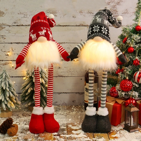 Gnomo Di Natale Bambola Luminosa Cappello A Maglia Pelliccia Artificiale Barba Lunga Gambe Telescopiche Luce LED Decorazione Festiva