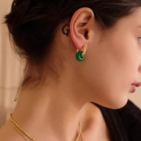 Natural Stone Stainless Steel Hoop Earrings For Women Minimalist Agate Jade Dangle Drop Geometric Vintage Jewelry