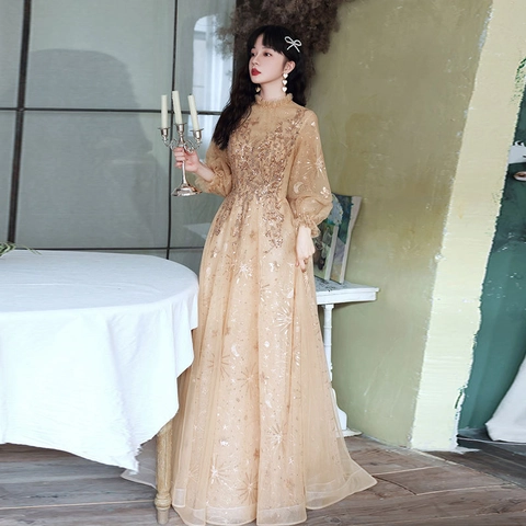 Champagne Long Evening Gown Mesh Sequin Star Moon Pattern High Neck Puff Sleeve Party Wedding Banquet Dress For Women