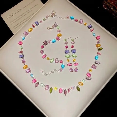 Colorful Geometric Square Zircon Necklace Bracelet Earrings With Silver Earring Post For Women Copper Jewelry